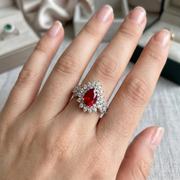 925 Sterling Silver Ruby Color Pear Shape Halo Ring For Women